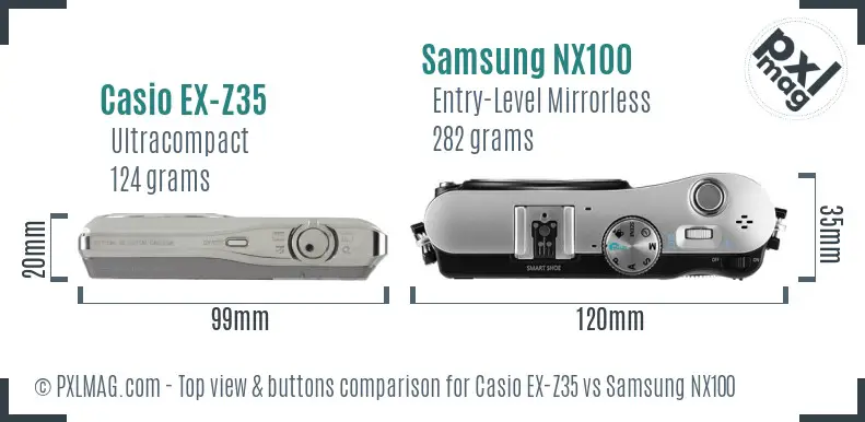 Casio EX-Z35 vs Samsung NX100 top view buttons comparison Casio EX-Z35 vs Samsung NX100 top view buttons comparison