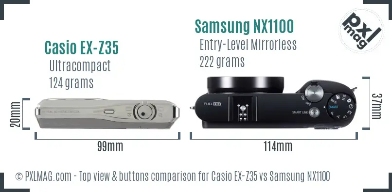 Casio EX-Z35 vs Samsung NX1100 top view buttons comparison Casio EX-Z35 vs Samsung NX1100 top view buttons comparison