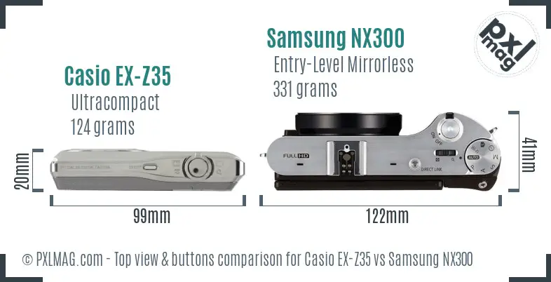 Casio EX-Z35 vs Samsung NX300 top view buttons comparison Casio EX-Z35 vs Samsung NX300 top view buttons comparison