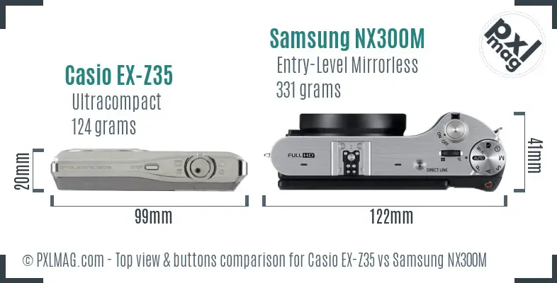 Casio EX-Z35 vs Samsung NX300M top view buttons comparison Casio EX-Z35 vs Samsung NX300M top view buttons comparison