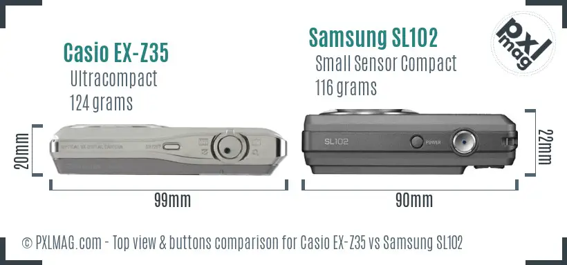 Casio EX-Z35 vs Samsung SL102 top view buttons comparison