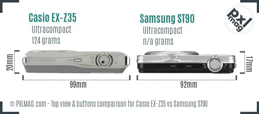 Casio EX-Z35 vs Samsung ST90 top view buttons comparison Casio EX-Z35 vs Samsung ST90 top view buttons comparison