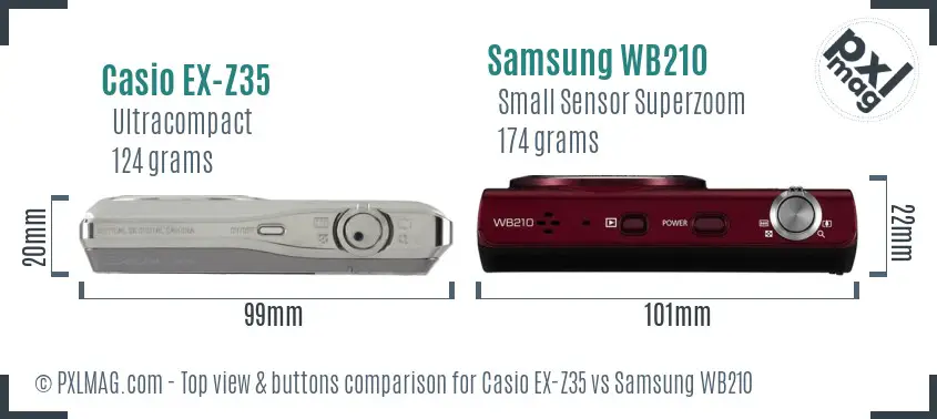 Casio EX-Z35 vs Samsung WB210 top view buttons comparison Casio EX-Z35 vs Samsung WB210 top view buttons comparison