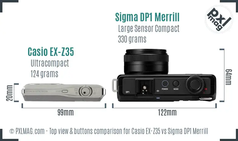 Casio EX-Z35 vs Sigma DP1 Merrill top view buttons comparison Casio EX-Z35 vs Sigma DP1 Merrill top view buttons comparison