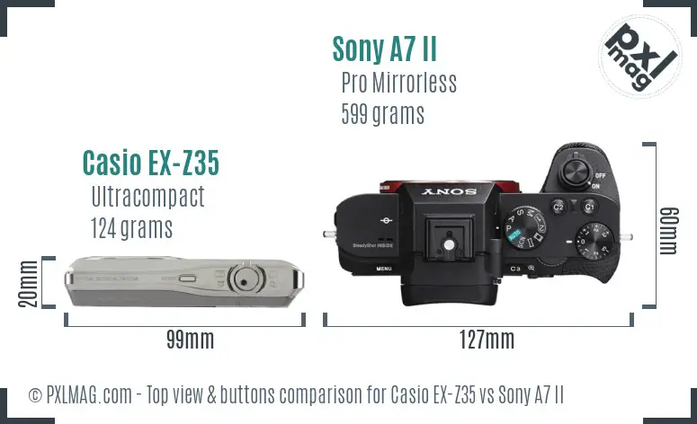 Casio EX-Z35 vs Sony A7 II top view buttons comparison Casio EX-Z35 vs Sony A7 II top view buttons comparison