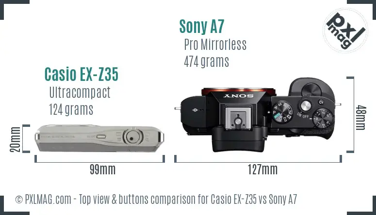 Casio EX-Z35 vs Sony A7 top view buttons comparison