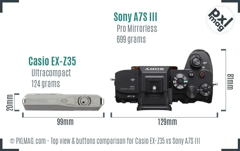 Casio EX-Z35 vs Sony A7S III top view buttons comparison Casio EX-Z35 vs Sony A7S III top view buttons comparison