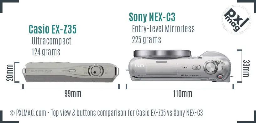 Casio EX-Z35 vs Sony NEX-C3 top view buttons comparison Casio EX-Z35 vs Sony NEX-C3 top view buttons comparison