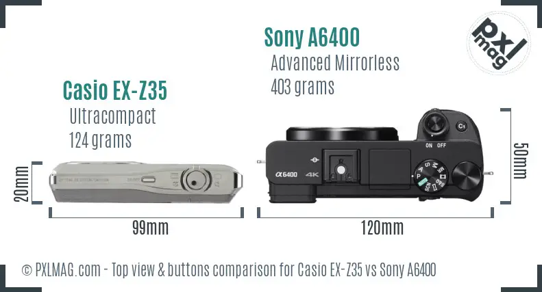 Casio EX-Z35 vs Sony A6400 top view buttons comparison Casio EX-Z35 vs Sony A6400 top view buttons comparison