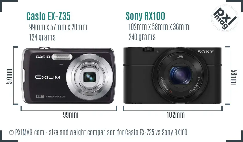 Casio EX-Z35 vs Sony RX100 size comparison
