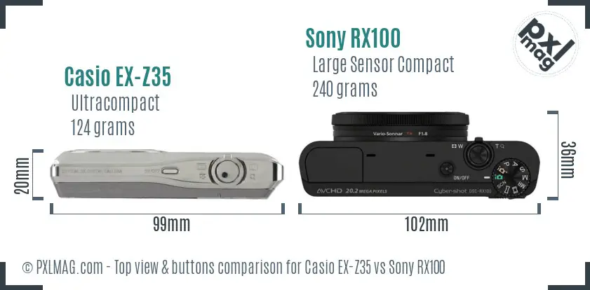 Casio EX-Z35 vs Sony RX100 top view buttons comparison