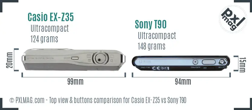 Casio EX-Z35 vs Sony T90 top view buttons comparison