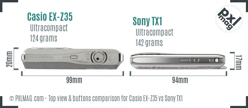 Casio EX-Z35 vs Sony TX1 top view buttons comparison Casio EX-Z35 vs Sony TX1 top view buttons comparison