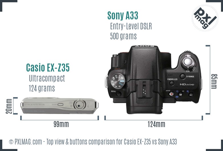Casio EX-Z35 vs Sony A33 top view buttons comparison