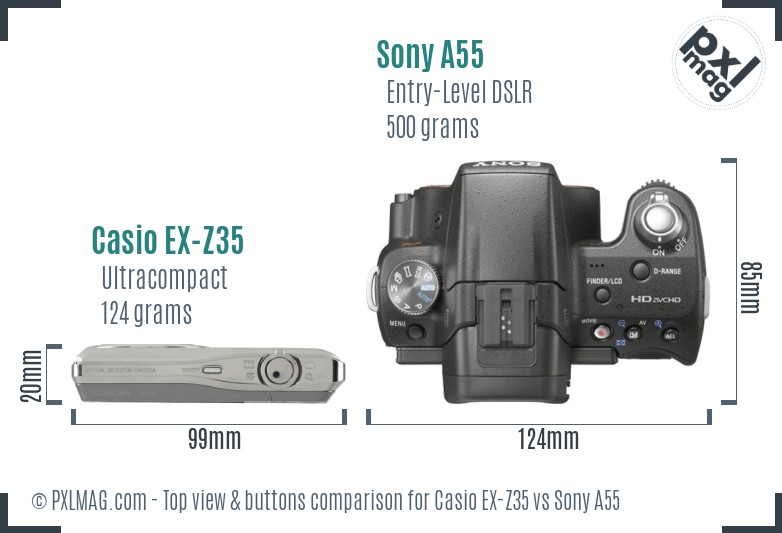 Casio EX-Z35 vs Sony A55 top view buttons comparison