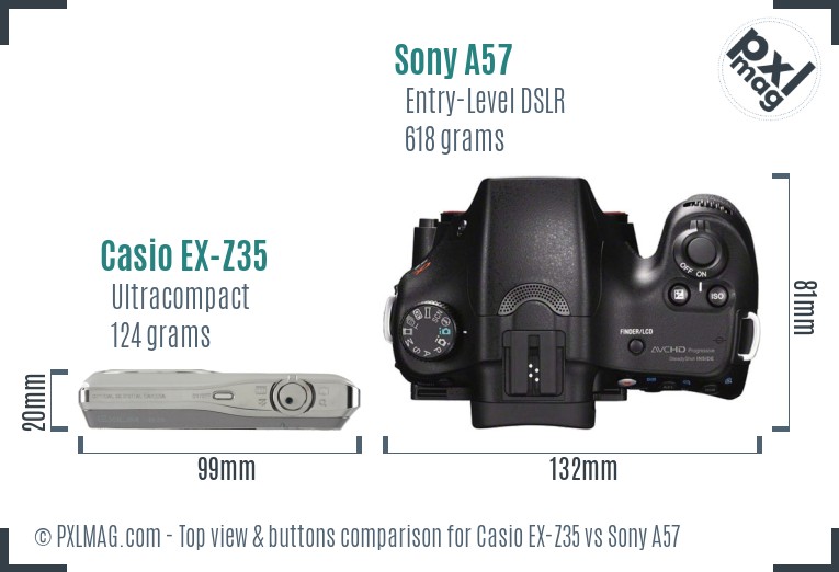 Casio EX-Z35 vs Sony A57 top view buttons comparison