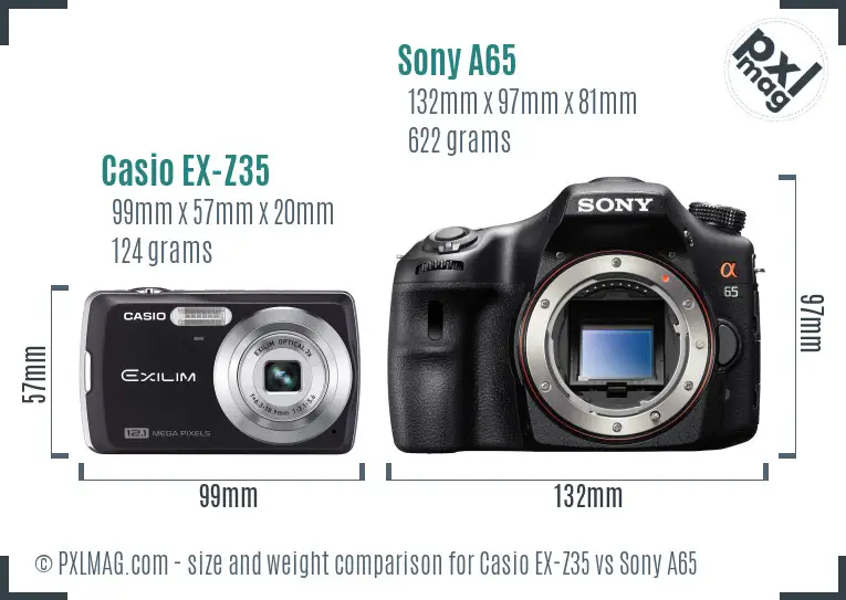 Casio EX-Z35 vs Sony A65 size comparison