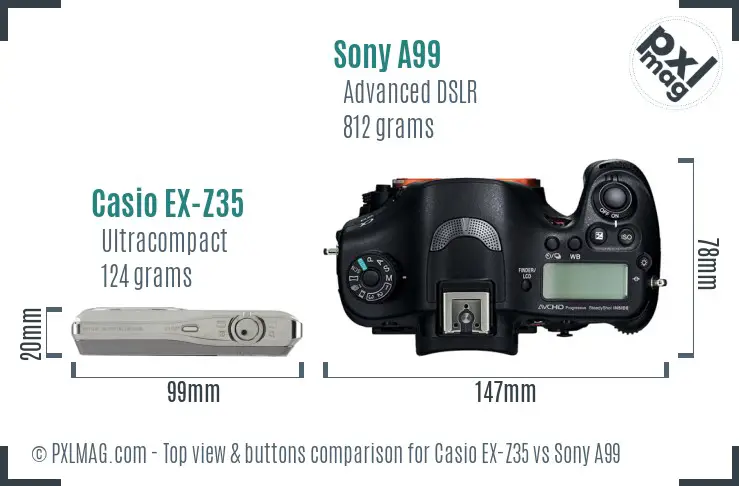 Casio EX-Z35 vs Sony A99 top view buttons comparison