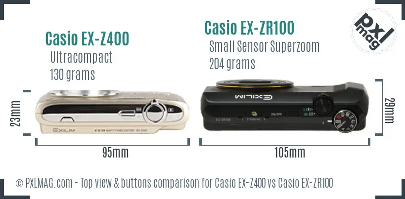 Casio EX-Z400 vs Casio EX-ZR100 top view buttons comparison Casio EX-Z400 vs Casio EX-ZR100 top view buttons comparison