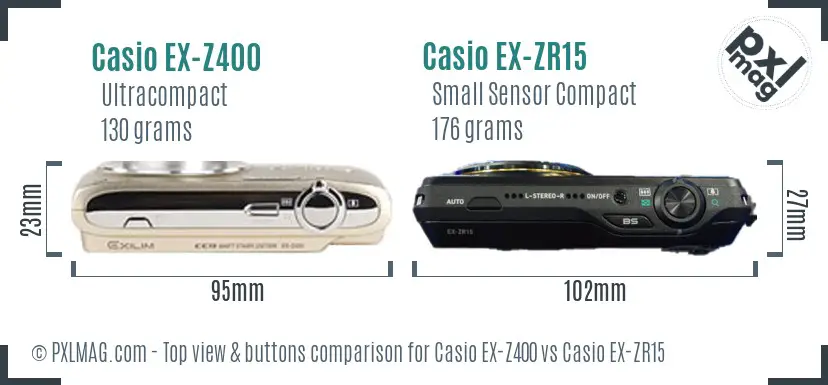 Casio EX-Z400 vs Casio EX-ZR15 top view buttons comparison Casio EX-Z400 vs Casio EX-ZR15 top view buttons comparison