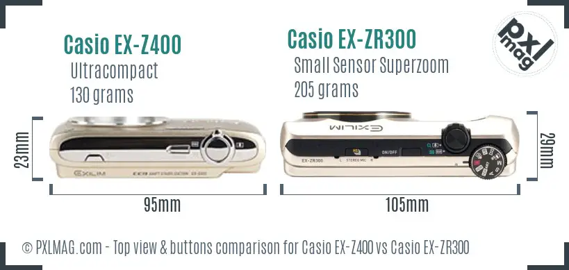 Casio EX-Z400 vs Casio EX-ZR300 top view buttons comparison