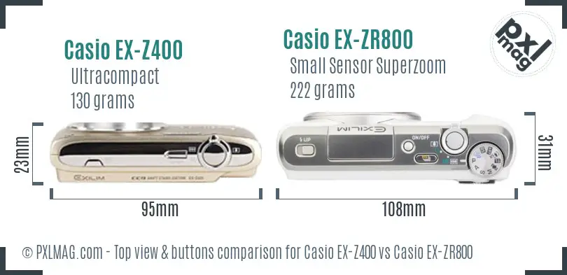 Casio EX-Z400 vs Casio EX-ZR800 top view buttons comparison Casio EX-Z400 vs Casio EX-ZR800 top view buttons comparison