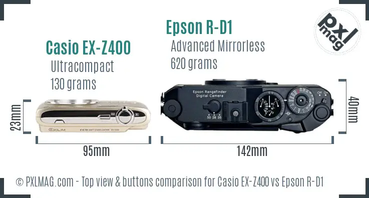 Casio EX-Z400 vs Epson R-D1 top view buttons comparison Casio EX-Z400 vs Epson R-D1 top view buttons comparison