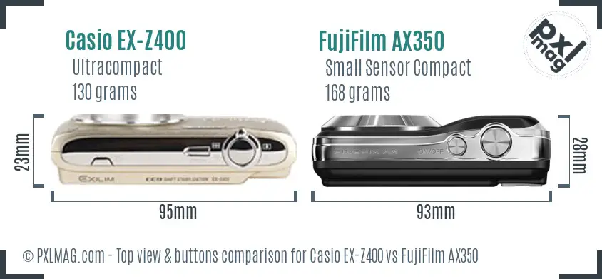 Casio EX-Z400 vs FujiFilm AX350 top view buttons comparison Casio EX-Z400 vs FujiFilm AX350 top view buttons comparison