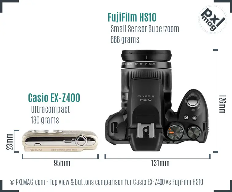 Casio EX-Z400 vs FujiFilm HS10 top view buttons comparison Casio EX-Z400 vs FujiFilm HS10 top view buttons comparison