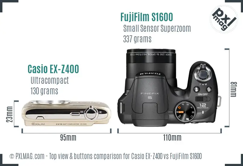 Casio EX-Z400 vs FujiFilm S1600 top view buttons comparison