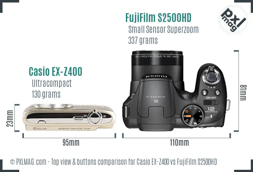 Casio EX-Z400 vs FujiFilm S2500HD top view buttons comparison