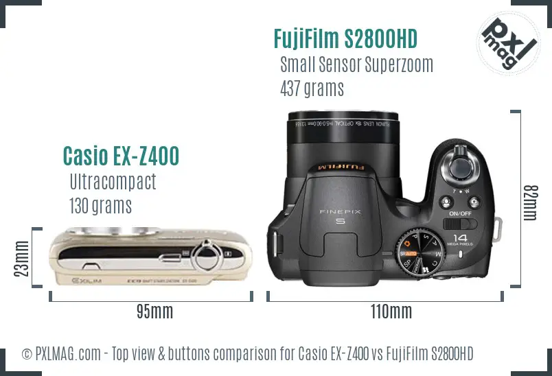 Casio EX-Z400 vs FujiFilm S2800HD top view buttons comparison Casio EX-Z400 vs FujiFilm S2800HD top view buttons comparison