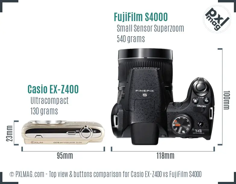 Casio EX-Z400 vs FujiFilm S4000 top view buttons comparison Casio EX-Z400 vs FujiFilm S4000 top view buttons comparison