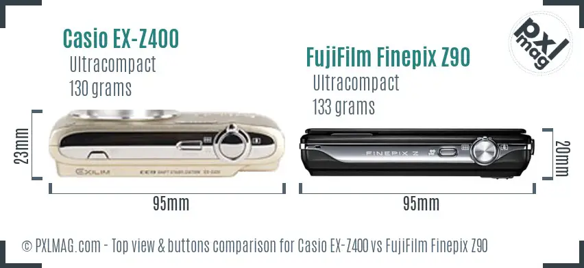 Casio EX-Z400 vs FujiFilm Finepix Z90 top view buttons comparison Casio EX-Z400 vs FujiFilm Finepix Z90 top view buttons comparison