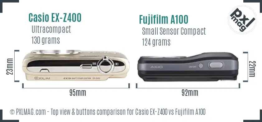 Casio EX-Z400 vs Fujifilm A100 top view buttons comparison