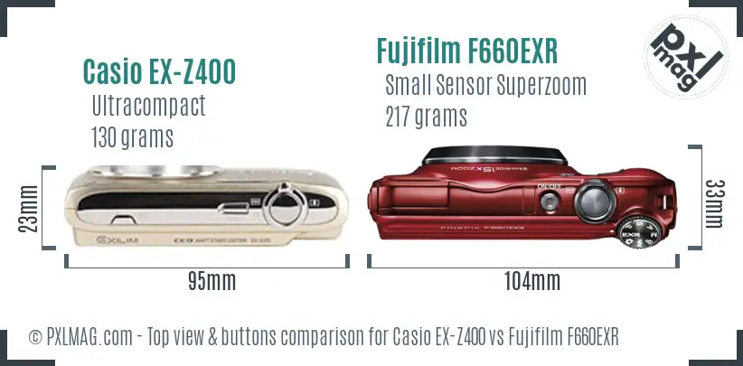 Casio EX-Z400 vs Fujifilm F660EXR top view buttons comparison