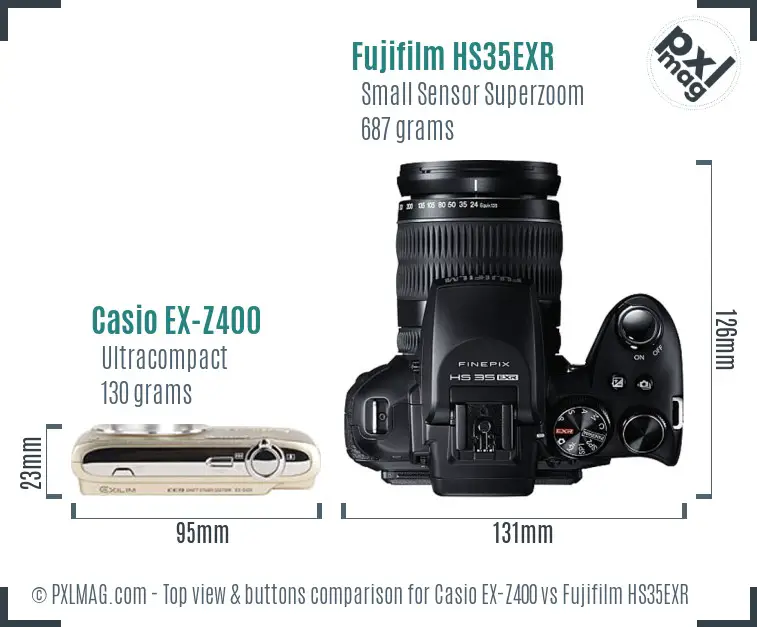 Casio EX-Z400 vs Fujifilm HS35EXR top view buttons comparison Casio EX-Z400 vs Fujifilm HS35EXR top view buttons comparison