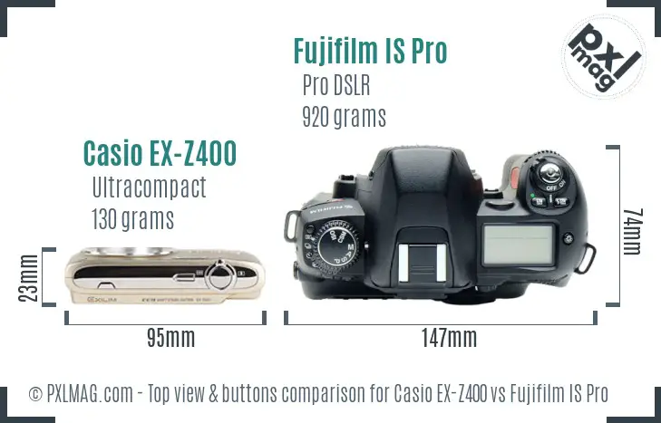 Casio EX-Z400 vs Fujifilm IS Pro top view buttons comparison Casio EX-Z400 vs Fujifilm IS Pro top view buttons comparison