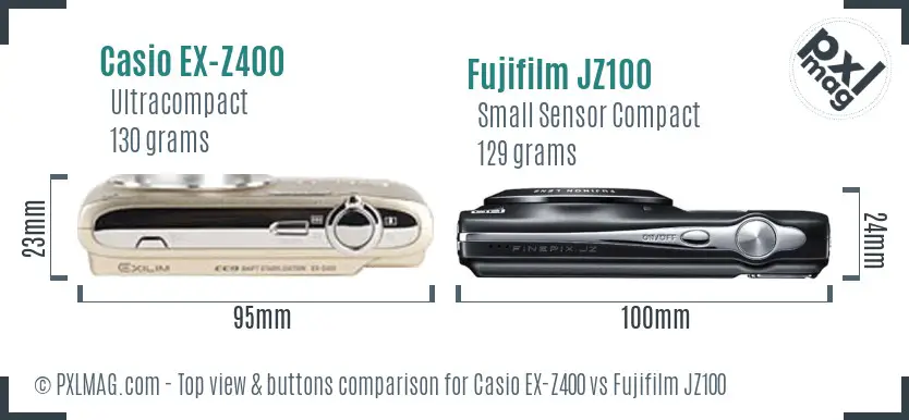 Casio EX-Z400 vs Fujifilm JZ100 top view buttons comparison Casio EX-Z400 vs Fujifilm JZ100 top view buttons comparison