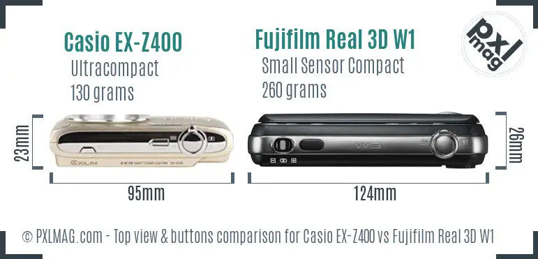 Casio EX-Z400 vs Fujifilm Real 3D W1 top view buttons comparison