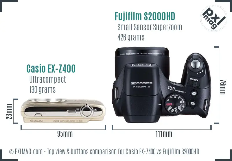 Casio EX-Z400 vs Fujifilm S2000HD top view buttons comparison Casio EX-Z400 vs Fujifilm S2000HD top view buttons comparison