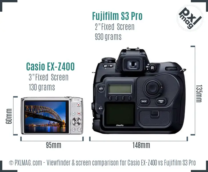 Casio EX-Z400 vs Fujifilm S3 Pro Screen and Viewfinder comparison