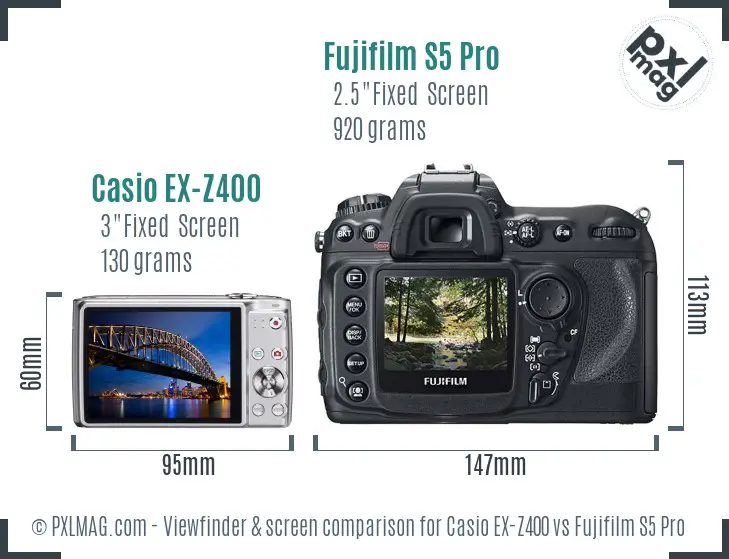 Casio EX-Z400 vs Fujifilm S5 Pro Screen and Viewfinder comparison