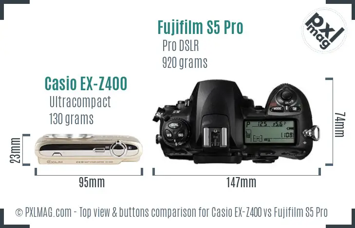 Casio EX-Z400 vs Fujifilm S5 Pro top view buttons comparison