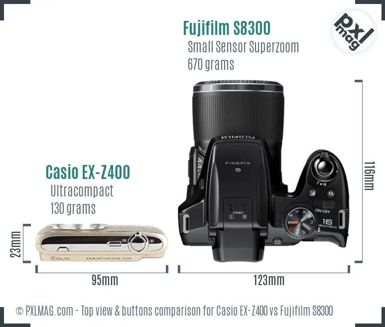 Casio EX-Z400 vs Fujifilm S8300 top view buttons comparison Casio EX-Z400 vs Fujifilm S8300 top view buttons comparison