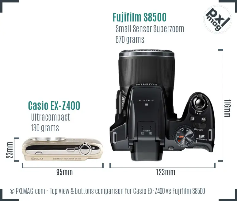 Casio EX-Z400 vs Fujifilm S8500 top view buttons comparison