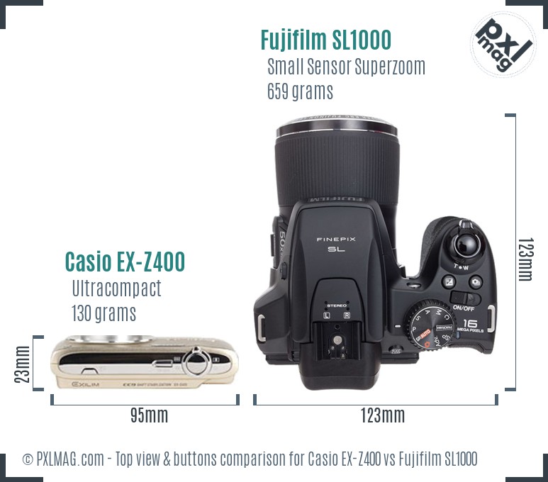 Casio EX-Z400 vs Fujifilm SL1000 top view buttons comparison