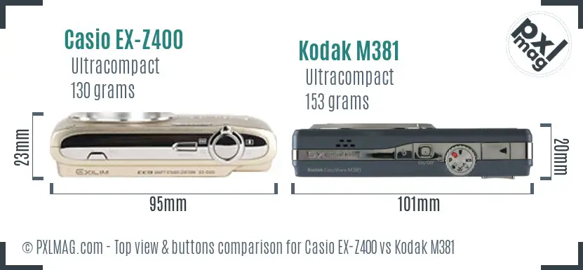 Casio EX-Z400 vs Kodak M381 top view buttons comparison Casio EX-Z400 vs Kodak M381 top view buttons comparison