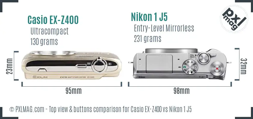 Casio EX-Z400 vs Nikon 1 J5 top view buttons comparison