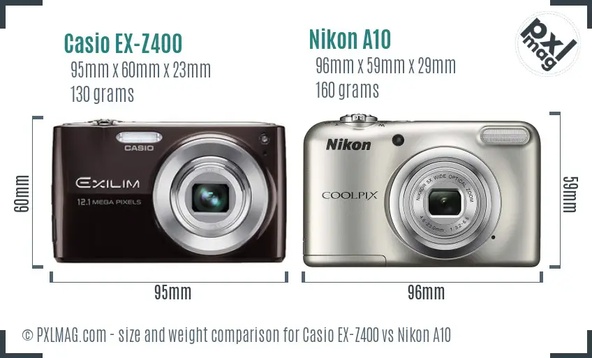 Casio EX-Z400 vs Nikon A10 size comparison